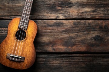 Obraz premium Close up of ukulele on old wooden background, Dark tone , ai