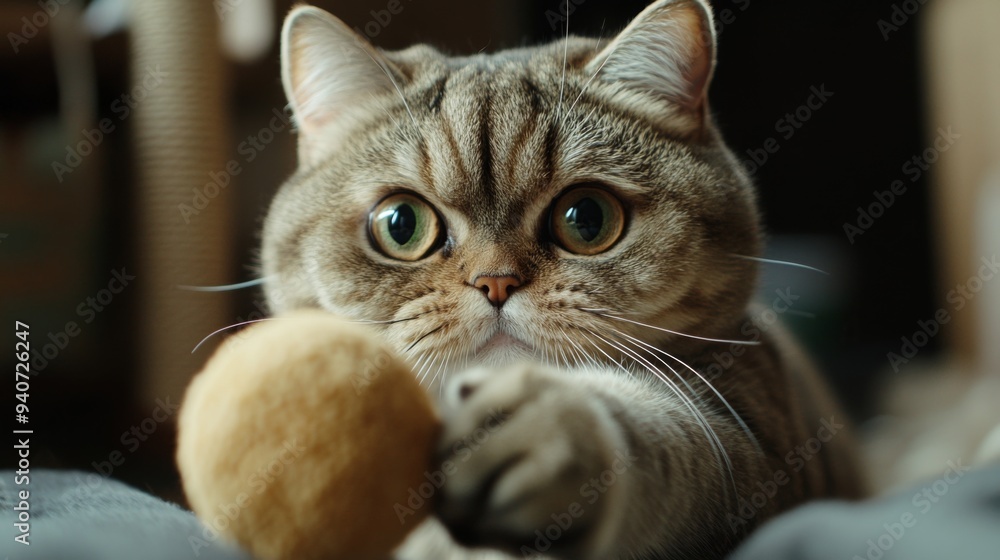 Poster a close-up of a chubby cat playfully batting at a toy, with its round face and chubby paws in focus,