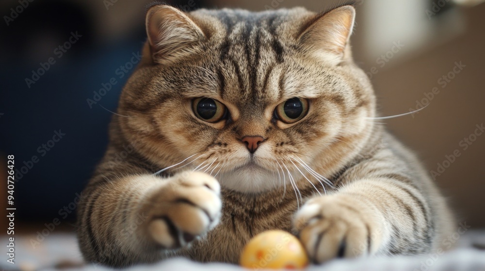 Poster a close-up of a chubby cat playfully batting at a toy, with its round face and chubby paws in focus,