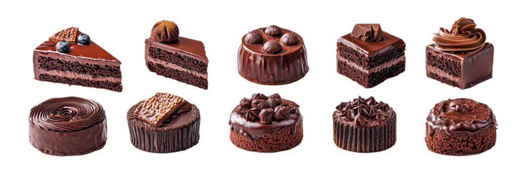 A selection of chocolate cakes with varied decorations and toppings, offering a rich and diverse visual appeal, isolated on a white background.