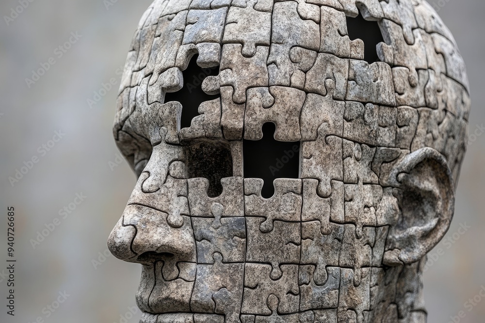 Poster sculptural representation of a human head with puzzle pieces symbolizing cognitive function mental h
