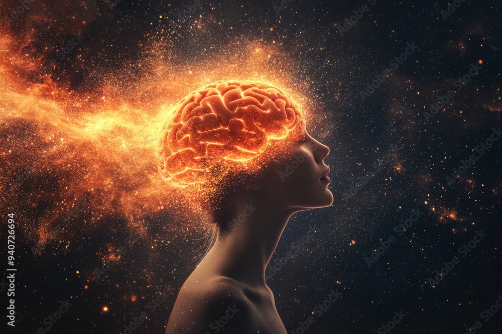 Poster abstract digital illustration of a human brain on fire symbolizing intense cognitive function creati