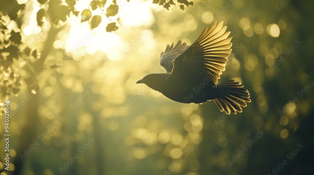 Poster A close-up of a bird gliding through the air, with its feathers illuminated by sunlight and nearby trees creating a soft bokeh effect.