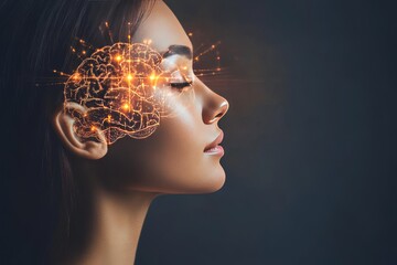 Obraz premium Abstract digital illustration of a human head with illuminated brain symbolizing intelligence creativity and the integration of technology in a vibrant modern composition