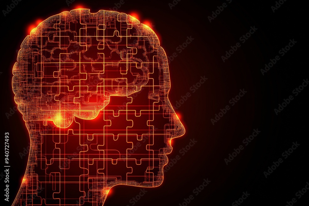 Aufkleber digital portrait of a human head with glowing brain and puzzle pieces symbolizing the complexity of 