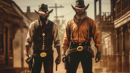 Two rugged cowboys standing back-to-back in a dusty Old West town, ready for a showdown. One is a younger man in a dark vest and black hat, holding a revolver, while the other is an older man with a l