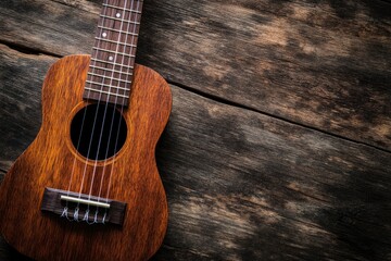 Fototapeta premium Close up of ukulele on old wooden background, Dark tone , ai