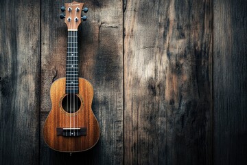 Obraz premium Close up of ukulele on old wooden background, Dark tone , ai