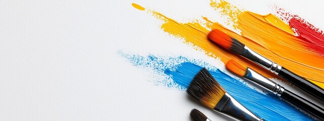 Obraz premium A collection of brushes, each holding distinct hues, atop a pristine white palette