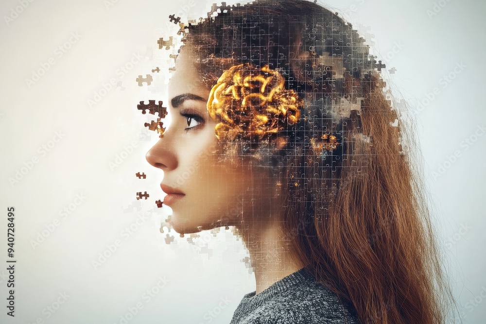 Poster surreal digital portrait of a woman with fragmented identity symbolizing mental health cognitive fun