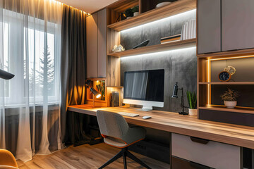Modern home office with sleek wooden desk, large computer screen and organized shelves