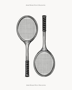 Hand drawn illustration of two vintage tennis rackets in etching style. Ideal for sports-themed designs, tennis equipment advertising and sports branding.