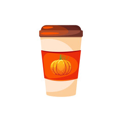 Autumn hot drink in a paper cup. Autumn latte, coffee with pumpkin spices, hot chocolate. Vector illustration.