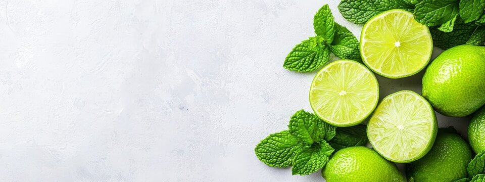 A pristine white backdrop showcases a vibrant collection of limes and mints, each boasting their fresh green leaves..Text to be copied:.A refres