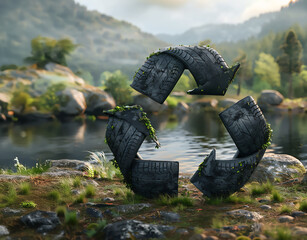 Tire recycling - triangle sign made from black tires