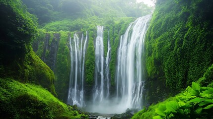 Obraz premium Majestic waterfall cascading in lush green forest