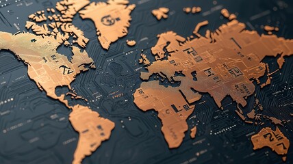 Visual representation of economic policy influencing international relations, depicted through digital maps and currency symbols