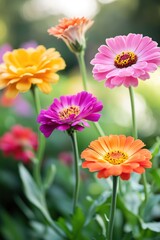 Bright colorful flowers in sunlight with blurred background.