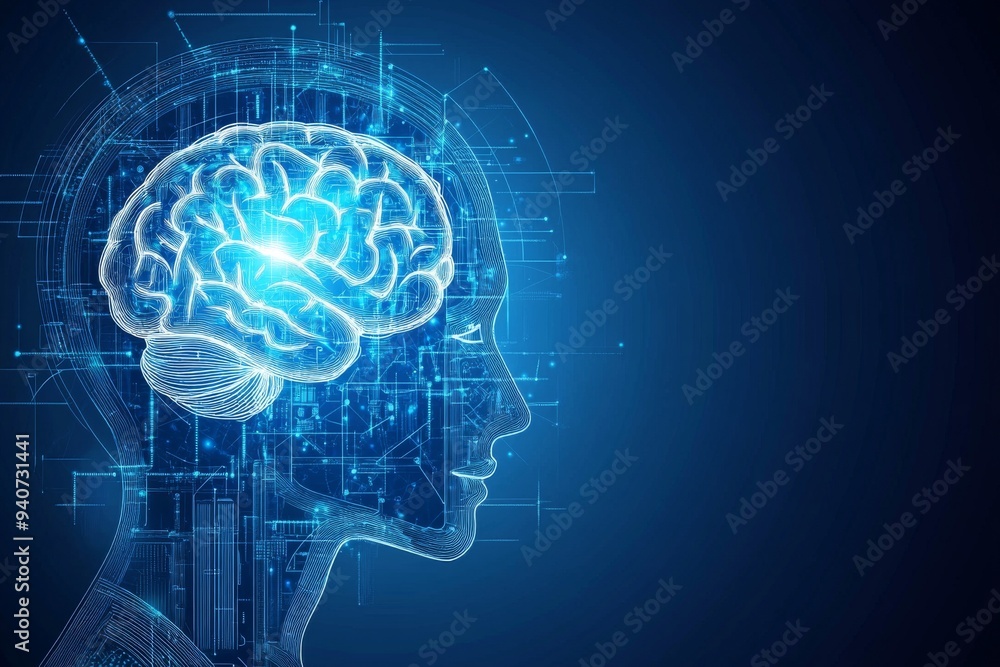 Poster digital illustration of a brain within a human head representing intelligence cognitive processes an