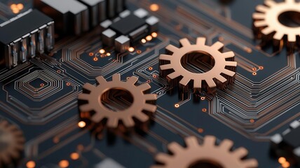 Close-up of copper gears on an electronic circuit board highlighting the integration of mechanical and digital technology.