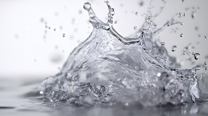 Water Splash: A dynamic splash of water suspended mid-motion, droplets frozen in time against a stark white background.
