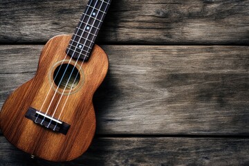 Obraz premium Close up of ukulele on old wooden background, Dark tone , ai