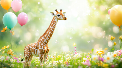 A baby giraffe celebrating its first birthday standin