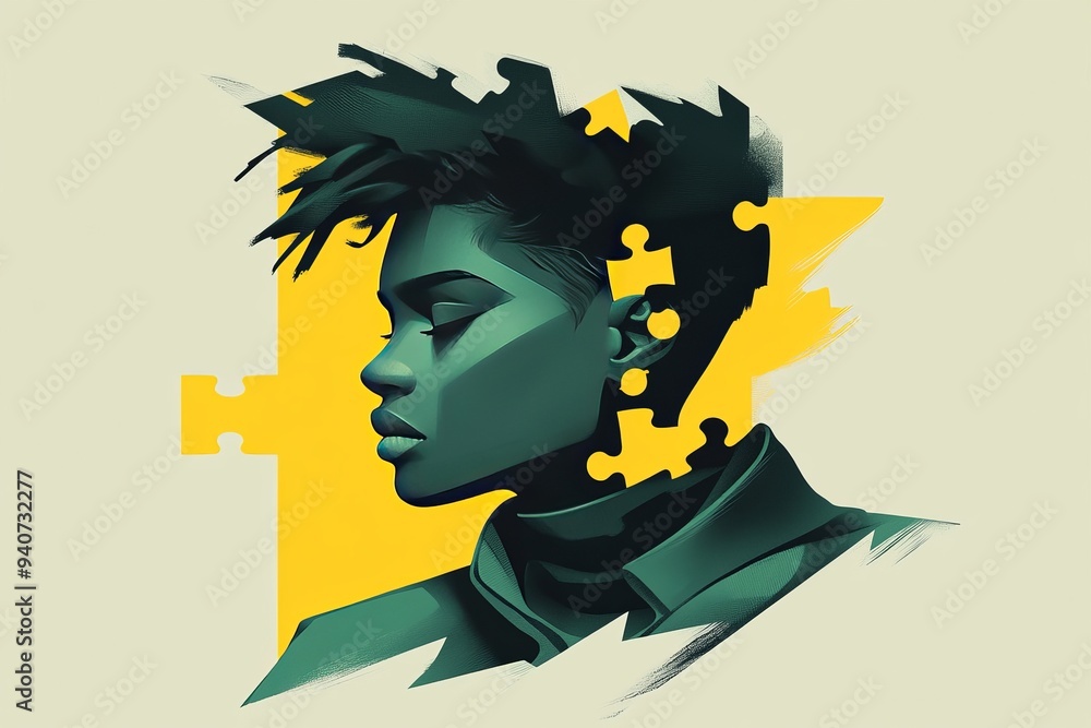Aufkleber stylized illustration of a young man with a brain graphic and puzzle pieces symbolizing cognitive de