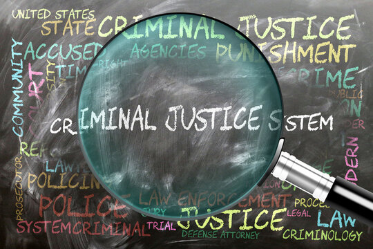 Criminal Justice System being studied, examined - under close inspection. Most important subjects and ideas closely related to criminal justice system. ,3d illustration