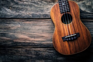 Fototapeta premium Close up of ukulele on old wooden background, Dark tone , ai