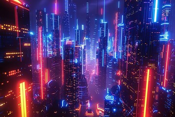 Futuristic cityscape with neon lights and skyscrapers