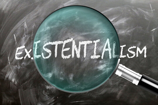 Existentialism - learn, study and inspect it. Taking a closer look at existentialism. A magnifying glass enlarging word 'existentialism' written on a blackboard ,3d illustration