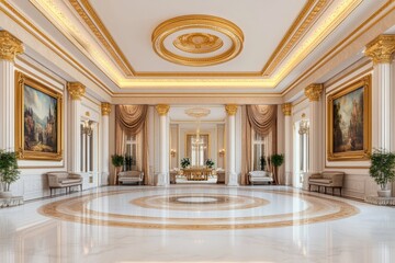 A luxurious palace gallery adorned with classical paintings in golden frames and rich tapestries