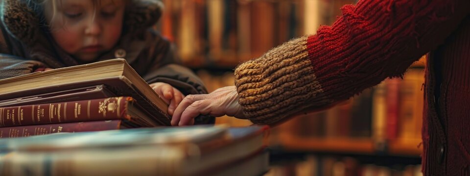 Adorable little girl touching books in the library at Christmas time. Young readers concept.