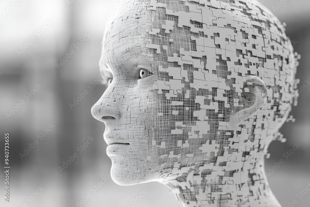 Aufkleber abstract sculptural portrait of a human head with puzzle pieces symbolizing cognitive function menta