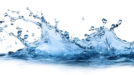 Water Splash: A dynamic splash of water suspended mid-motion, droplets frozen in time against a stark white background.
