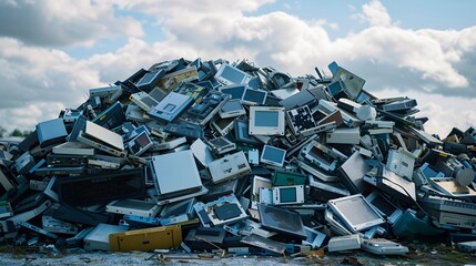 E-waste streams, A mountain of broken computers, mobile phones, and large household appliances, trash, garbage, tech, waste, city, landfill 
