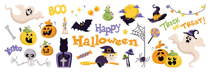 Happy Halloween day element background vector. Cute collection of spooky ghost, pumpkin, bat, candy, moon, skull, spider, cat, witch. Adorable halloween festival elements for decoration, prints.