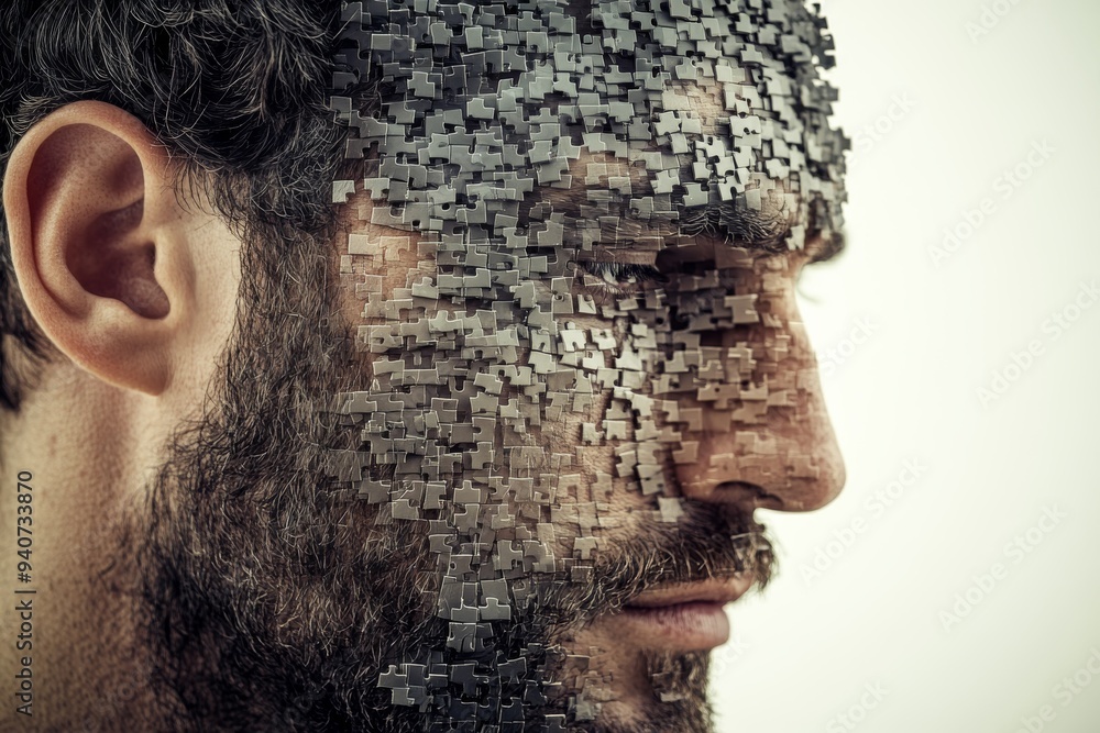 Poster surreal sculptural portrait of a man with a glowing brain symbolizing intelligence cognitive functio