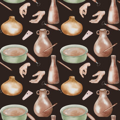 Women hands and pottery items in pastel tone hand drawn seamless pattern isolated. Two hands, jug and clay dishes watercolor endless print. Design pattern with pottery vase for textile, packaging