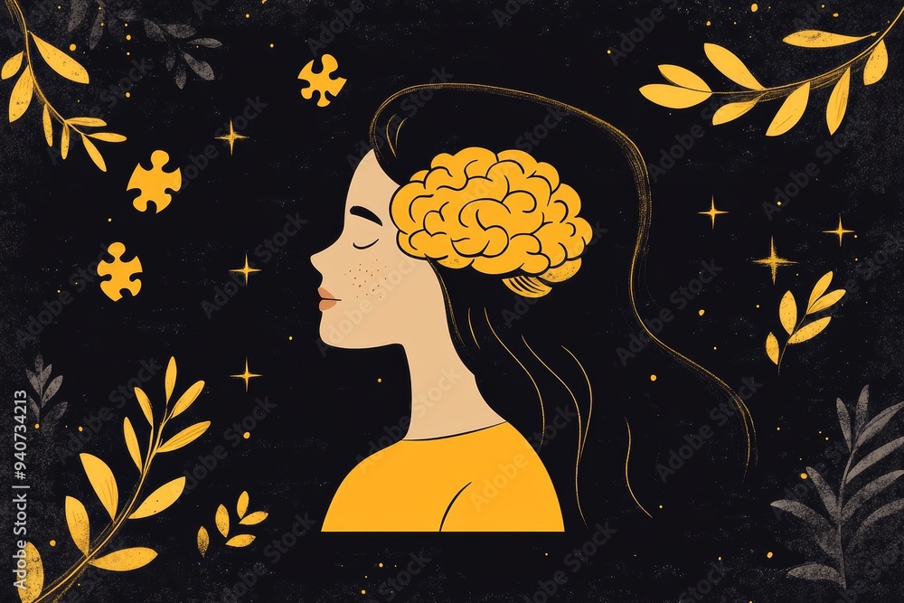 Poster minimalist abstract illustration of a womans profile with a brain graphic symbolizing cognitive func