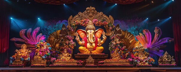 Ganesh Chaturthi festival, huge statue of Lord Ganesha on stage decorated with flowers and colorful decorations, Illustration for banner design poster greeting card print