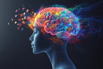 Obraz premium Abstract digital illustration of a human head with a glowing brain surrounded by colorful energy waves symbolizing creativity mental health and cosmic connectivity in a vibrant modern design