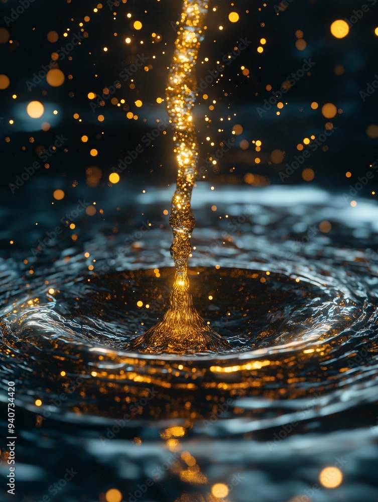 Sticker A stream of golden liquid splashes into a pool of water, creating mesmerizing concentric ripples and shimmering droplets.