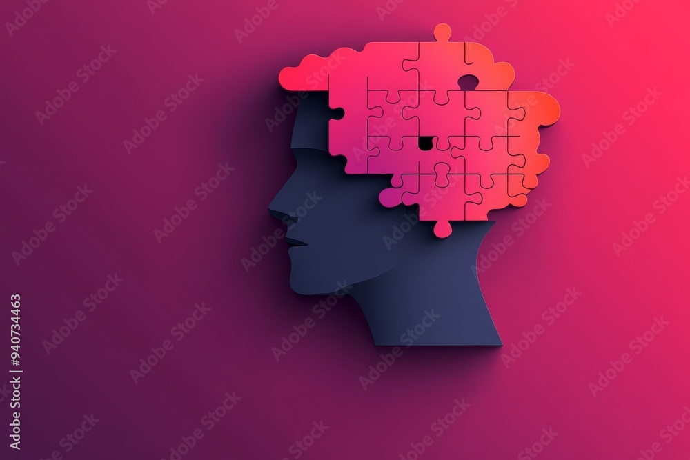 Poster minimalist digital illustration of a human head with puzzle pieces symbolizing cognitive function me