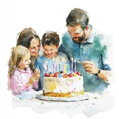 watercolor painting of a family celebrating a birthday with a cake, on isolated white background