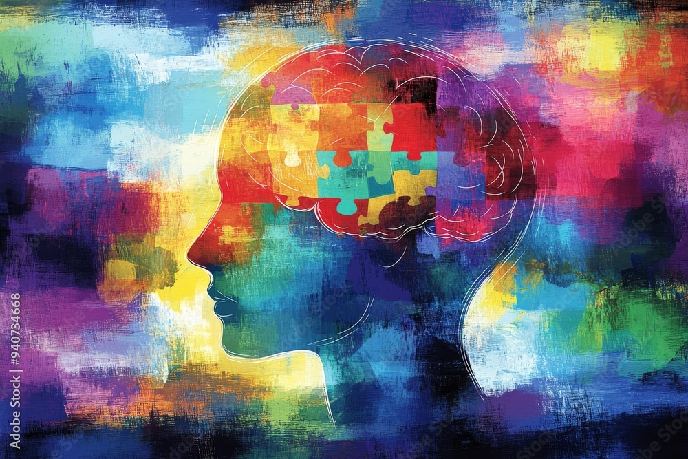 Aufkleber abstract digital illustration of overlapping human heads with puzzle pieces symbolizing cognitive co