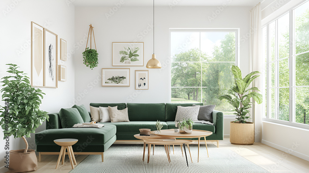 Sticker modern green sectional sofa and coffee table with natural decor