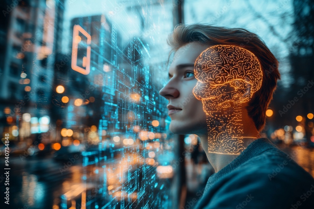 Aufkleber futuristic digital portrait of a man with a glowing brain symbolizing intelligence mental health and