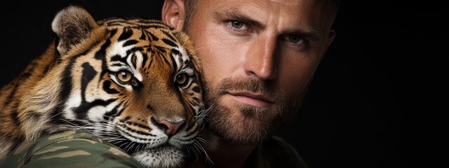  A tight shot of a person facing the camera, holding a tiger against a backdrop of absolute blackness